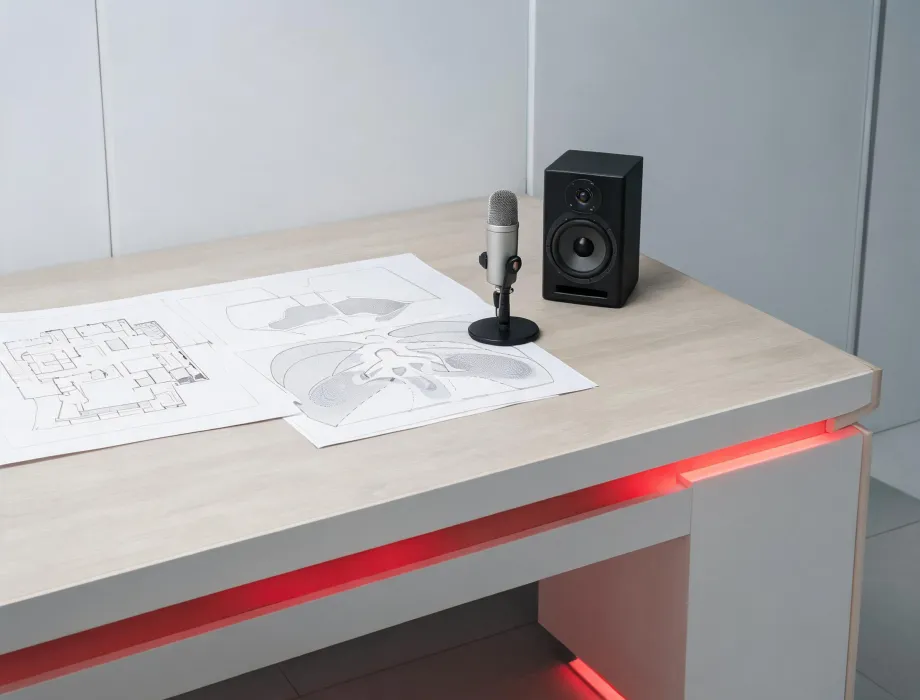 Professional audio project desk reviewing venue plans