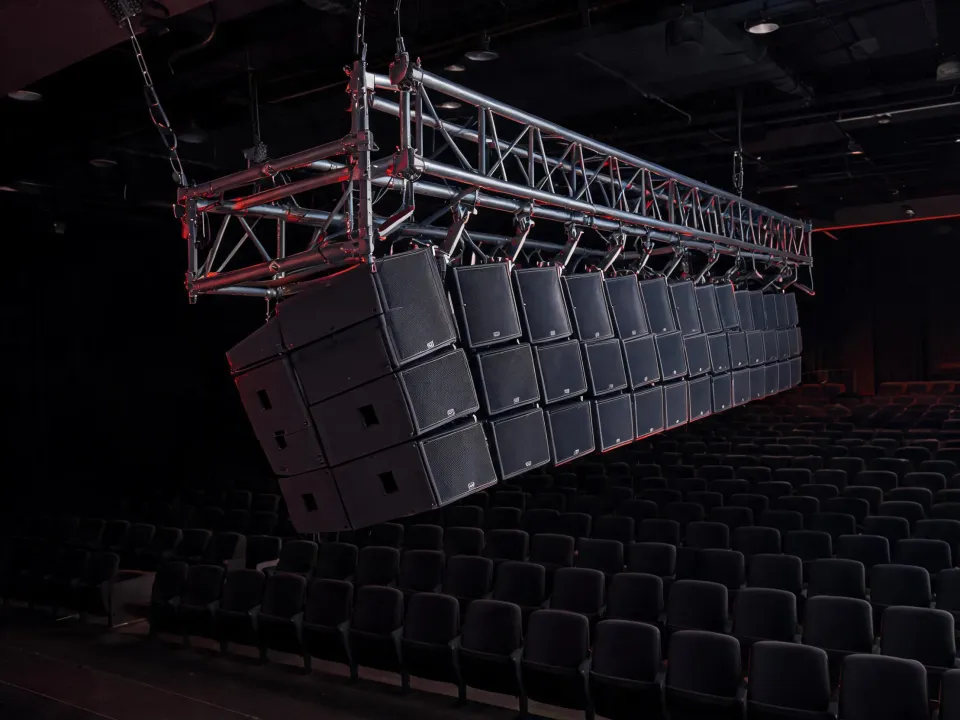 RCF line array modules on a rigging frame