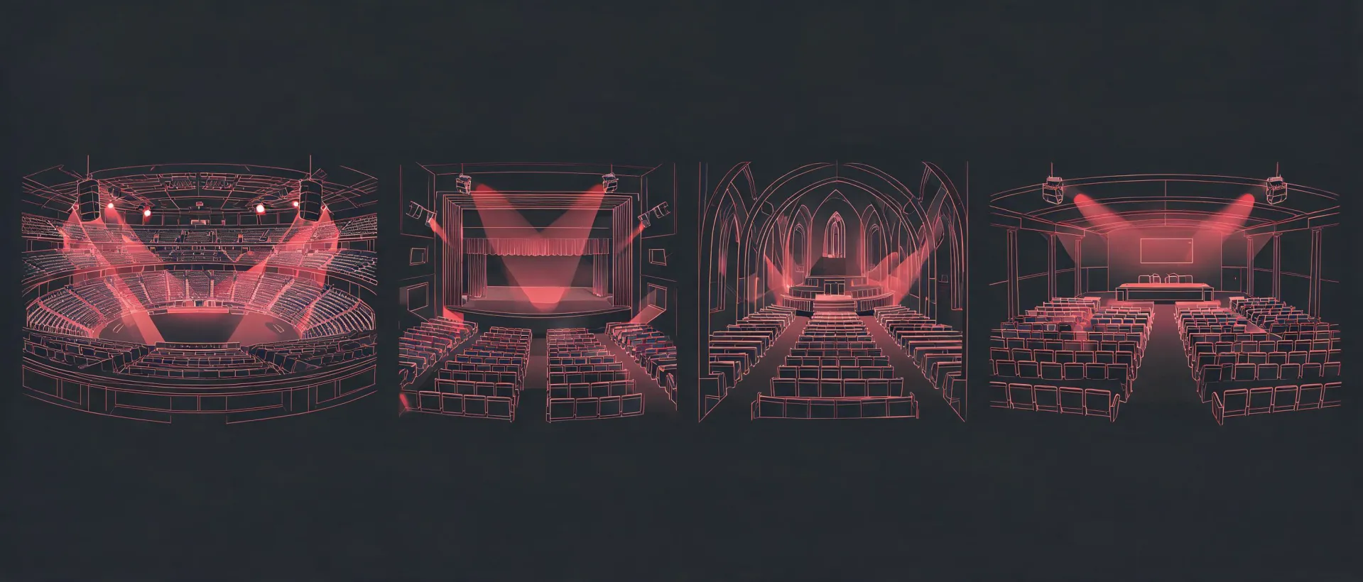 Cross-section illustration of professional audio coverage across venue types