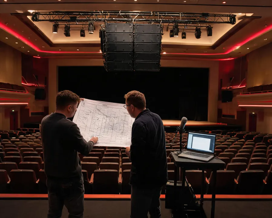 Audio engineer reviewing venue coverage and loudspeaker placement
